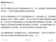 吉利成立销售总公司，整合中国星、银河、领克、极氪等品牌营销体系