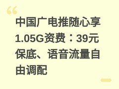 中国广电推随心享1.05G资费：39元保底、语音流量自由调配