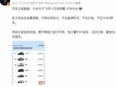 小米YU7登顶2026年1月全国乘用车销量榜首，单月售出37869辆