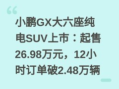 小鹏GX大六座纯电SUV上市：起售26.98万元，12小时订单破2.48万辆