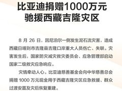 比亚迪宣布捐赠1000万元 驰援西藏吉隆灾区