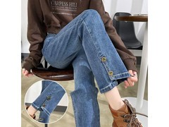 燠阳女士高腰开叉直筒牛仔裤59.99元