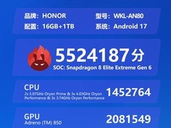 荣耀Magic9 Pro Max现身跑分：搭载2nm骁龙8至尊版，安兔兔破552万