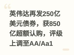 英伟达再发250亿美元债券，获850亿超额认购，评级上调至AA/Aa1