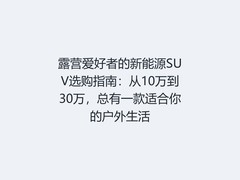 露营爱好者的新能源SUV选购指南：从10万到30万，总有一款适合你的户外生活