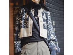 马登春季女士美式提花短款毛衣外套大促