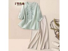 子牧棉麻女士浅绿上衣杏裤两件套99元包邮