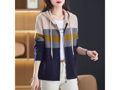 2026新款藏青色连帽条纹开衫，L码妈妈装仅158元