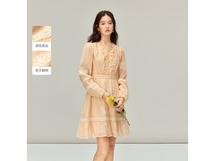 茵曼法式长袖荷叶边收腰连衣裙5折啦