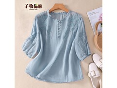 子牧棉麻女士刺绣衬衫，59元包邮！