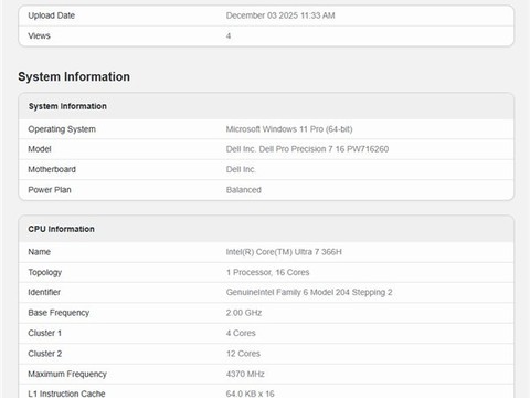 酷睿Ultra 7 366H曝光：16核+Xe3核显性能亮眼