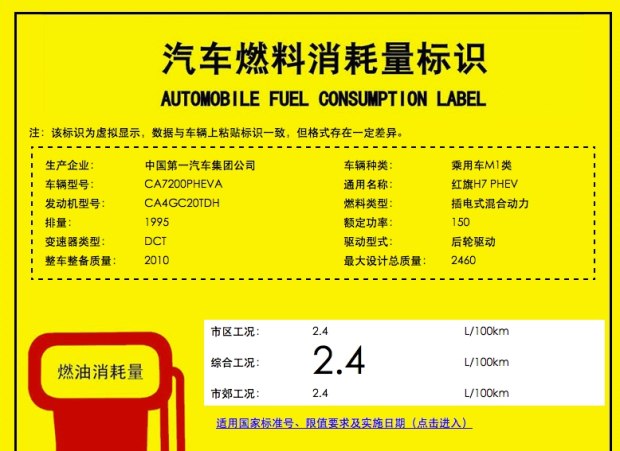 红旗H7混动版动力信息曝光 油耗仅2.4L