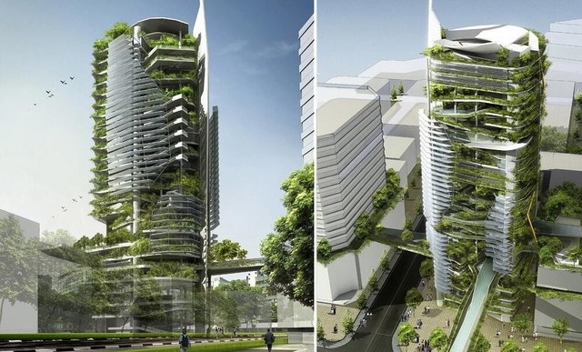 由国际著名的生态建筑大师杨经文和东姑-汉沙共同设计，新加坡Editt 绿塔方案可能是所有绿色城市规划中最简单的一种。它最具特色的地方体现在光电板、沼气发电站和自然通风系统等设计。