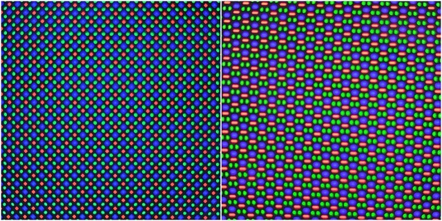 接下来,我们将两款手机放到电子显微镜下,观察一下两块屏幕的像素排列