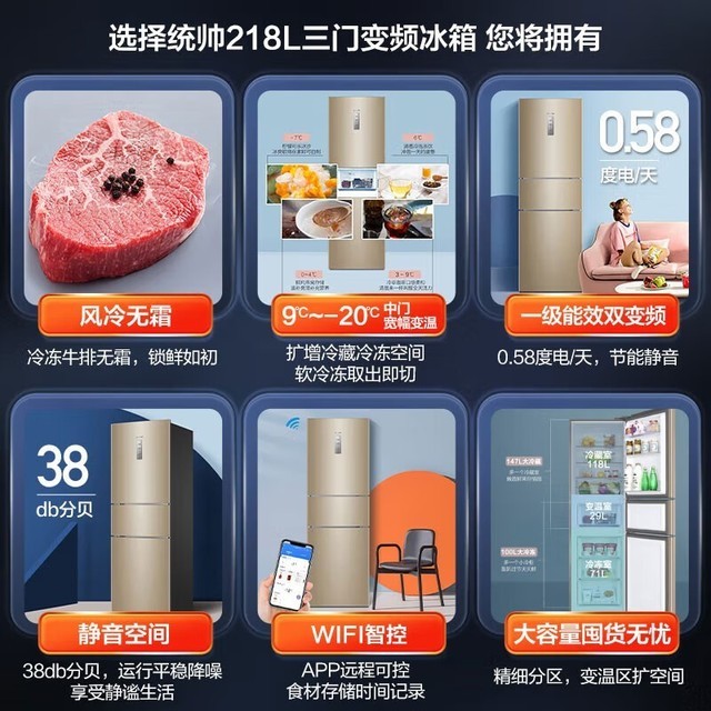 【手慢无】统帅三门冰箱原价1599到手仅需1309节能省电保鲜效果好