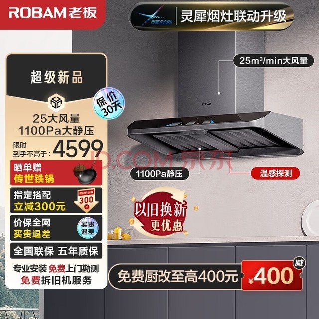 老板（Robam）【灵犀烟灶联动升级】抽油烟机智能变频25风量欧式顶吸式双腔油烟机家用大吸力吸油烟机63A3S烟机