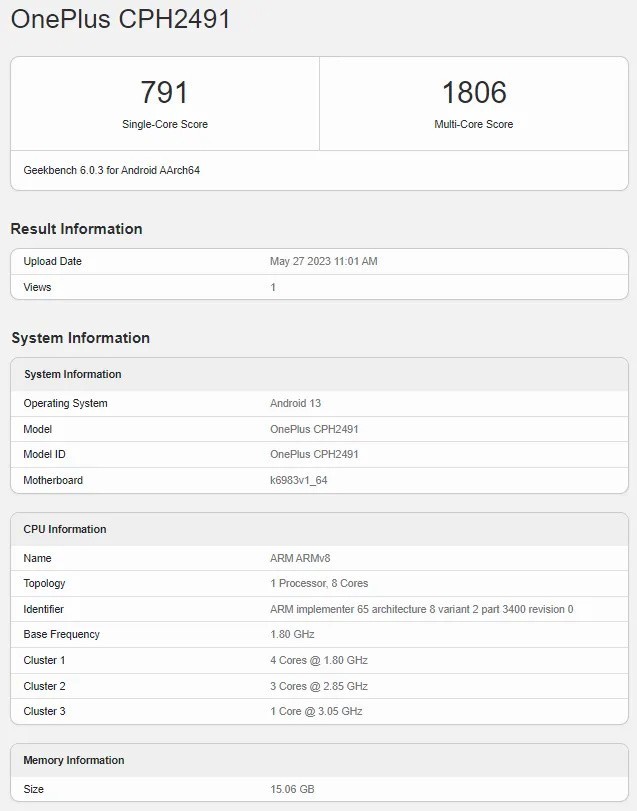 一加Nord 3现身Geekbench：搭载联发科天玑9000芯片，配备16GB内存