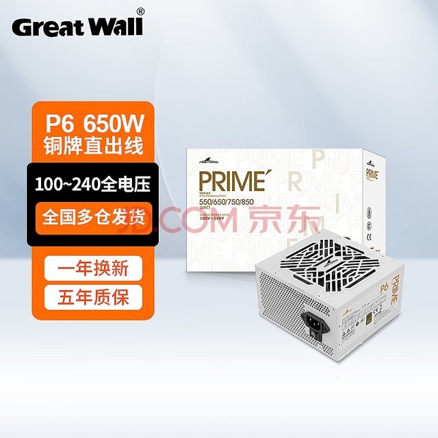 长城（Great Wall）猎金P系列宽幅全电压80PLUS认证台式主机台式机电脑电源 白色P6 650W铜牌直出线