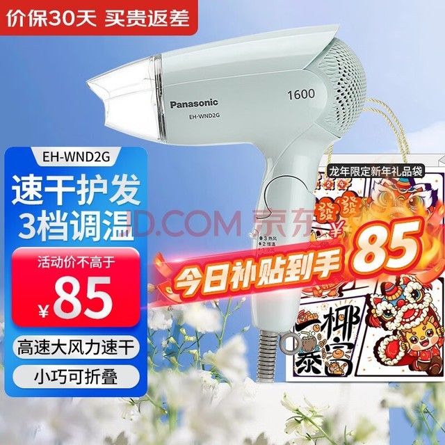 松下（Panasonic）电吹风机 宿舍 家用大功率 高速大风力速干 小巧可折叠 差旅便携 吹发护发电吹风筒 EH-WND2G 蓝色