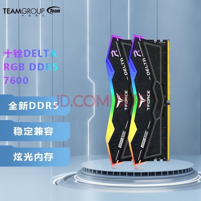 十铨科技 （Team）DDR5电竞内存条套装DELTA RGB炫光 16G*2 6400 7200 DELTA RGB DDR5 7600 黑色C36 32GB(16*2)套装