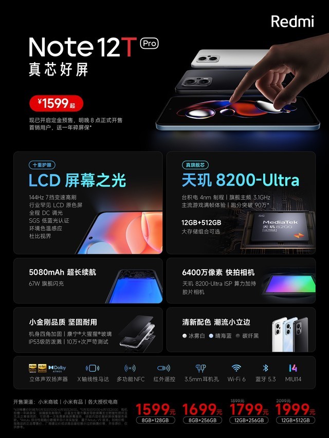 1599ԪRedmi Note 12T Pro8200-Ultra+144Hz LCD
