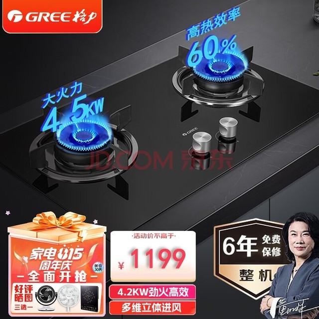 格力（GREE）燃气灶天然气灶一级能效4.2KW大火力嵌入式台式两用家用双灶 天然气 JZT-QS12B