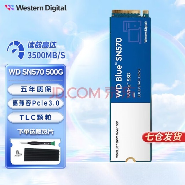 西部数据（WD） NVME协议 M.2接口 2280台式机笔记本SSD固态硬盘 蓝盘SN570 500G （附带硬盘散热片）