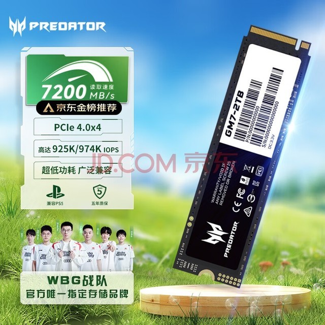 宏碁掠夺者（PREDATOR）2TB SSD固态硬盘 M.2接口(NVMe协议) GM7系列｜NVMe PCIe 4.0读速7200MB/s 助力AI PC存储配件