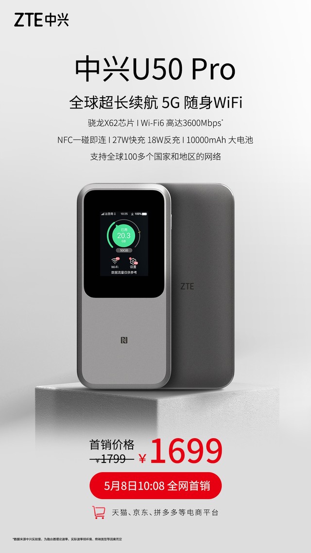 1699元！中兴U50 Pro 5G随身Wi-Fi今日首销：可变身10000mAh充电宝