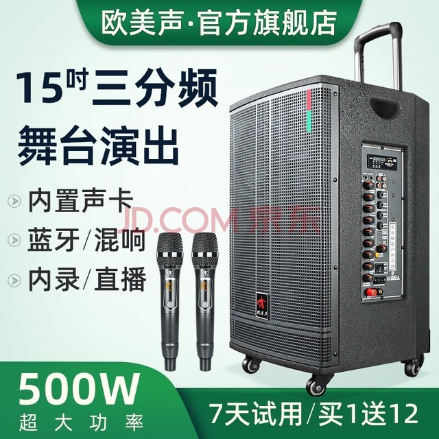 欧美声 专业舞台演出大型移动音箱三分频户外大功率广场舞唱歌拉杆充电大音响带无线蓝牙麦克风k歌 V15 15英寸重低音 500W 2*无线话筒+大礼包